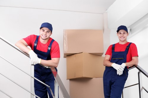 Removal team planning a house move in France with boxes and furniture