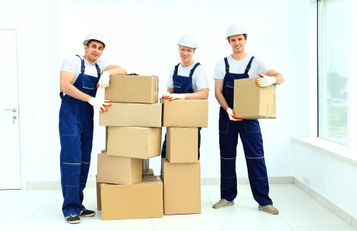 Business move logistics with packing and labelled office boxes