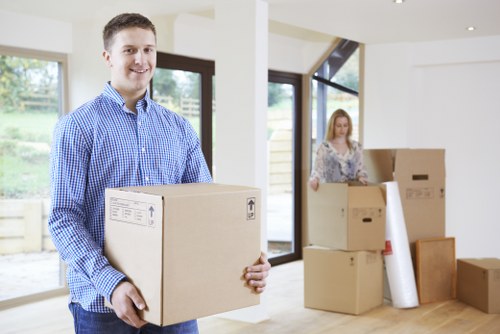 Office desks and equipment prepared for a business move