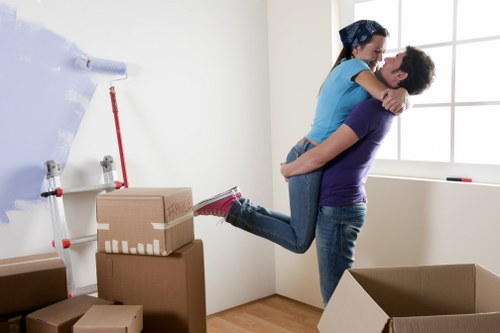 Furniture and boxes arranged inside a moving truck